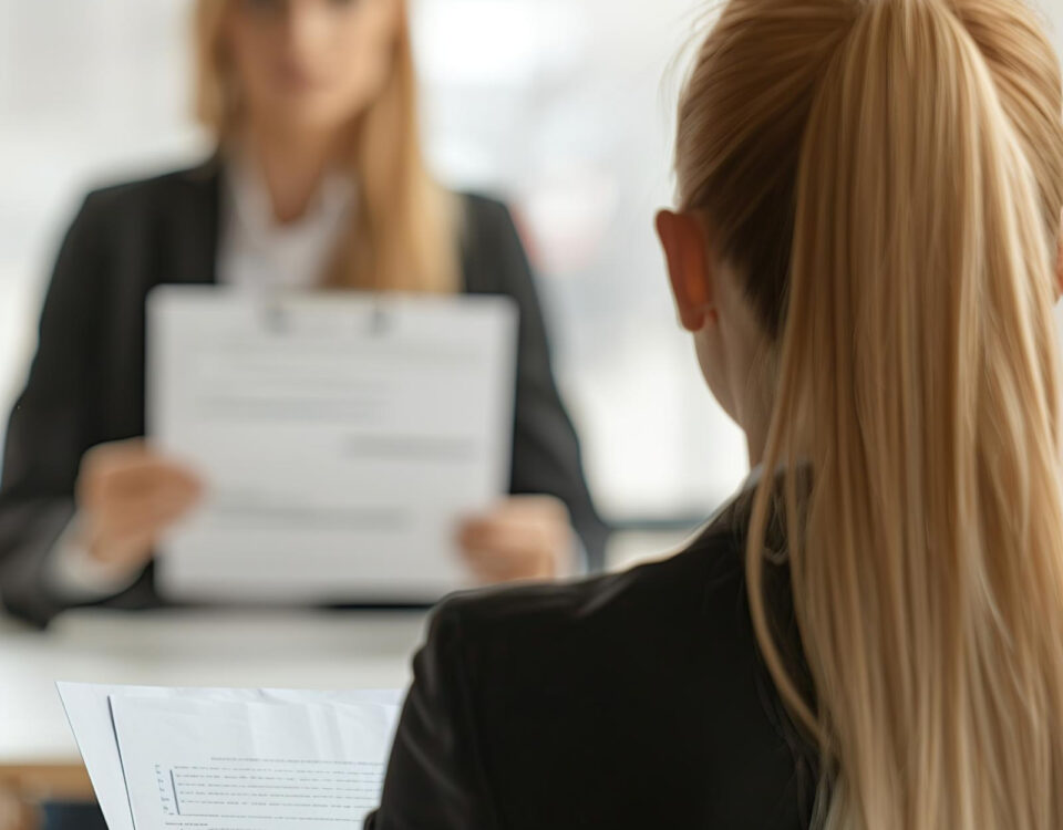 Kobieta trzymająca kartkę w sali lekcyjnej, przygotowująca się do poszukiwania pracy.