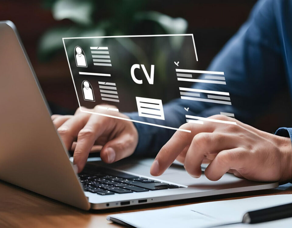 CV na staż Osoba pisząca na laptopie, angażująca się w proces poszukiwania pracy.