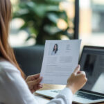 Kobieta z laptopem trzymająca kartkę papieru, poszukująca pracy.