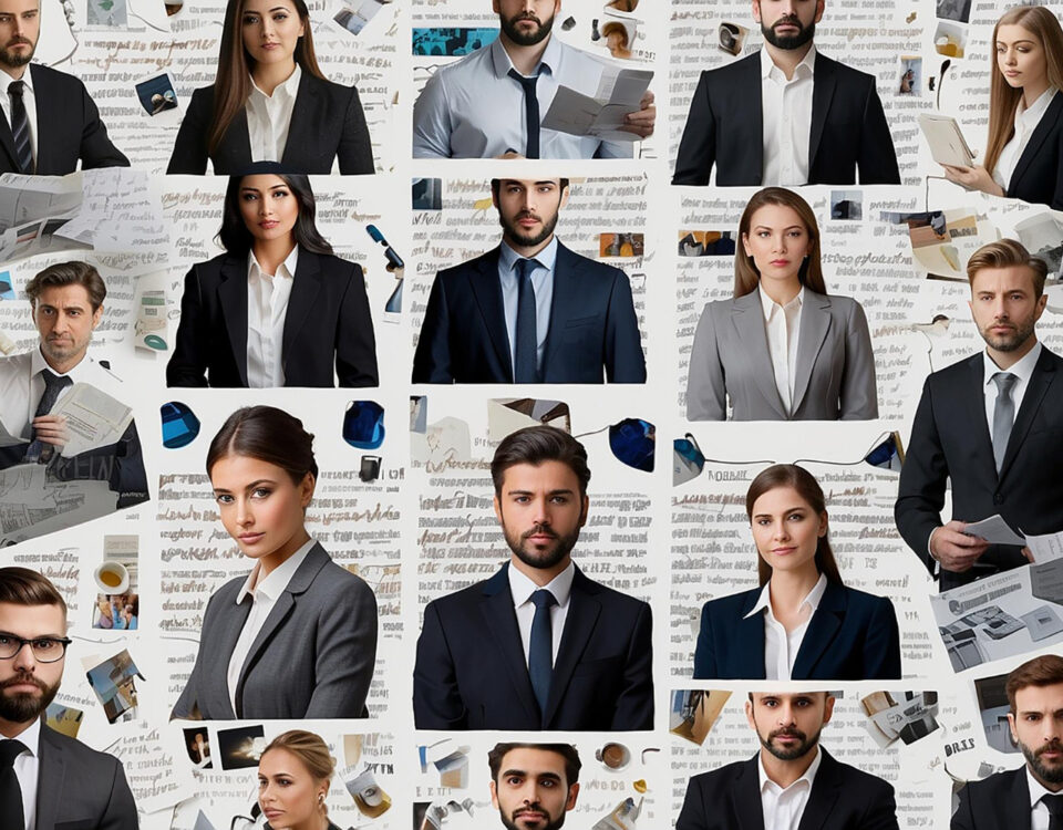 Grupa ludzi w garniturach uśmiechających się, symbolizująca poszukiwanie pracy i profesjonalizm.