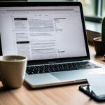 Laptop na biurku z filiżanką kawy, idealny do pracy zdalnej i poszukiwania nowych ofert pracy.
