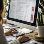 Osoba pracująca przy komputerze na biurku, z klawiaturą, filiżanką i telewizorem, w kontekście poszukiwania pracy. CV na staż kreator cv maker smart resume maker
