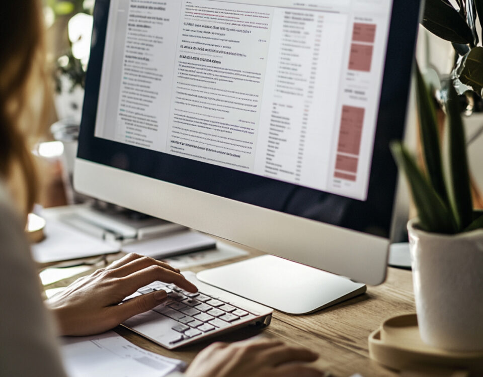 Osoba pracująca przy komputerze na biurku, z klawiaturą, filiżanką i telewizorem, w kontekście poszukiwania pracy. CV na staż kreator cv maker smart resume maker