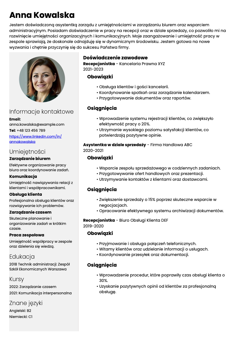 wzór cv asystentka zarządu