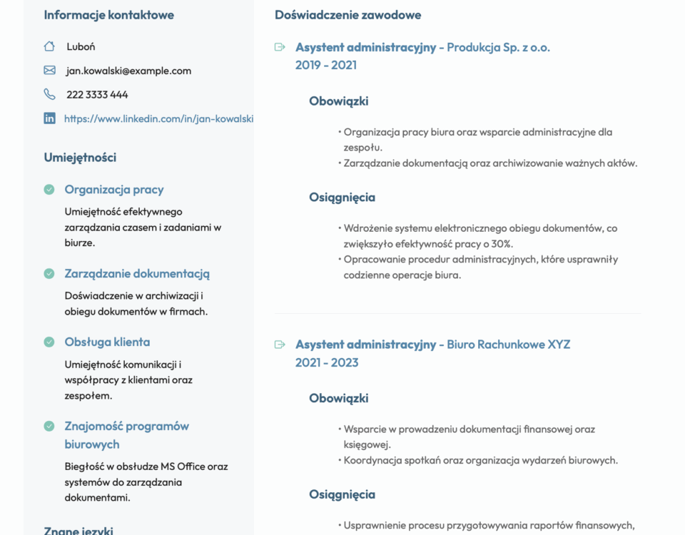 Mężczyzna przeglądający stronę internetową z aplikacją do tworzenia CV dla asystenta administracyjnego